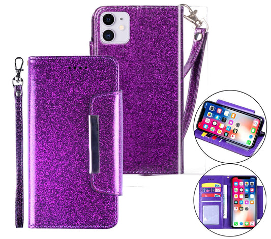 iPhone 12 Pro Case Wallet Cover Glitter Purple