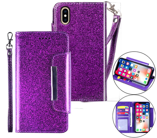 iPhone X Case Wallet Cover Glitter Purple