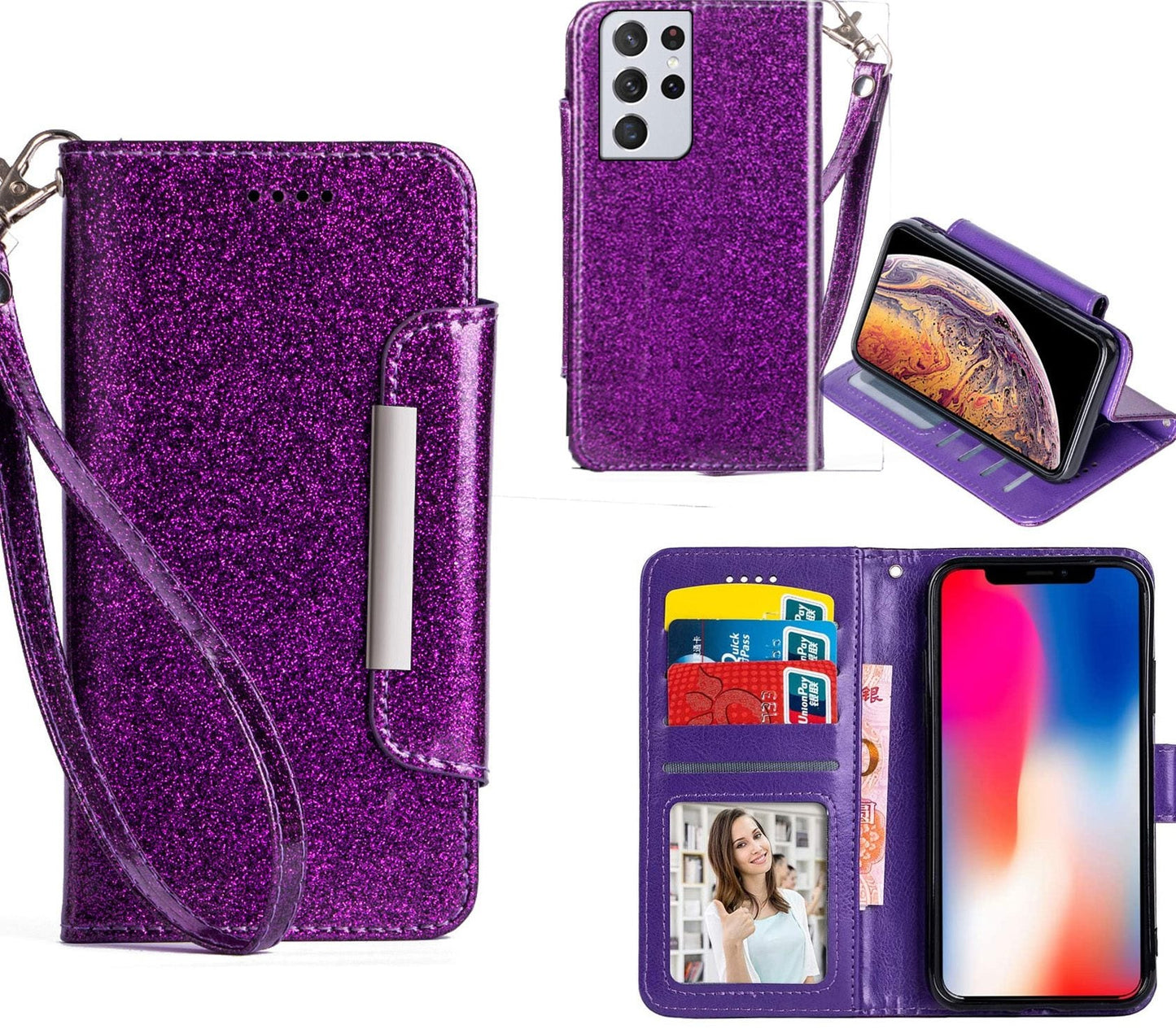 Samsung Galaxy S22 Ultra Case Wallet Cover Glitter Purple