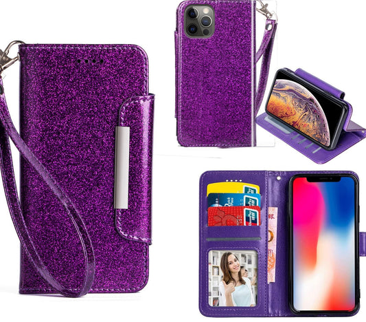 iPhone 12 Pro Max Case Wallet Cover Glitter Purple