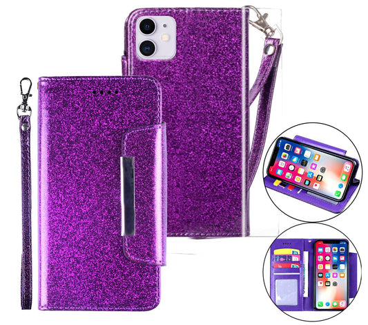 iPhone 12 Case Wallet Cover Glitter Purple