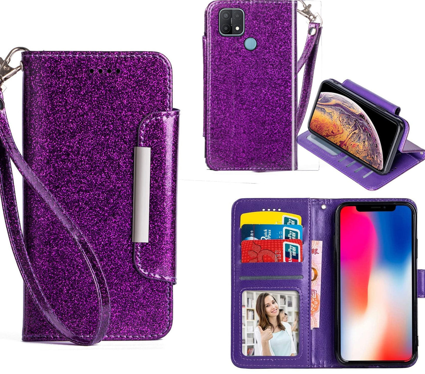 Oppo A15 Case Wallet Cover Glitter Purple