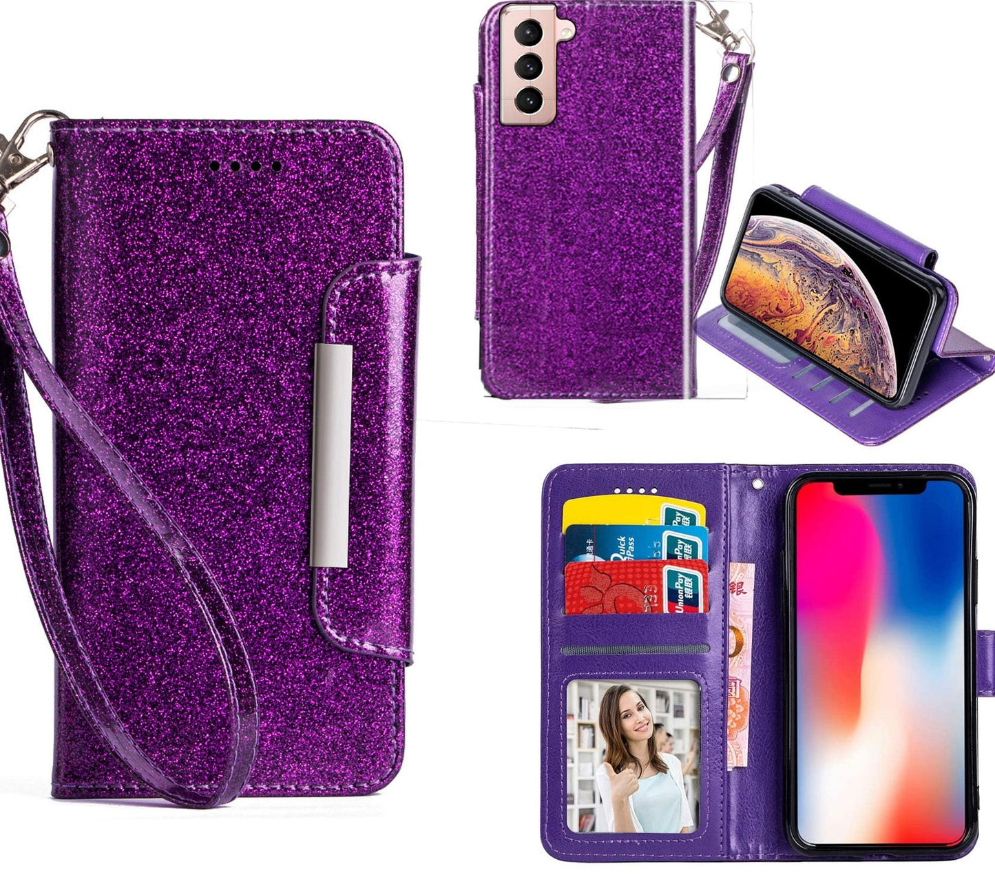 Samsung Galaxy S21 Case Wallet Cover Glitter Purple