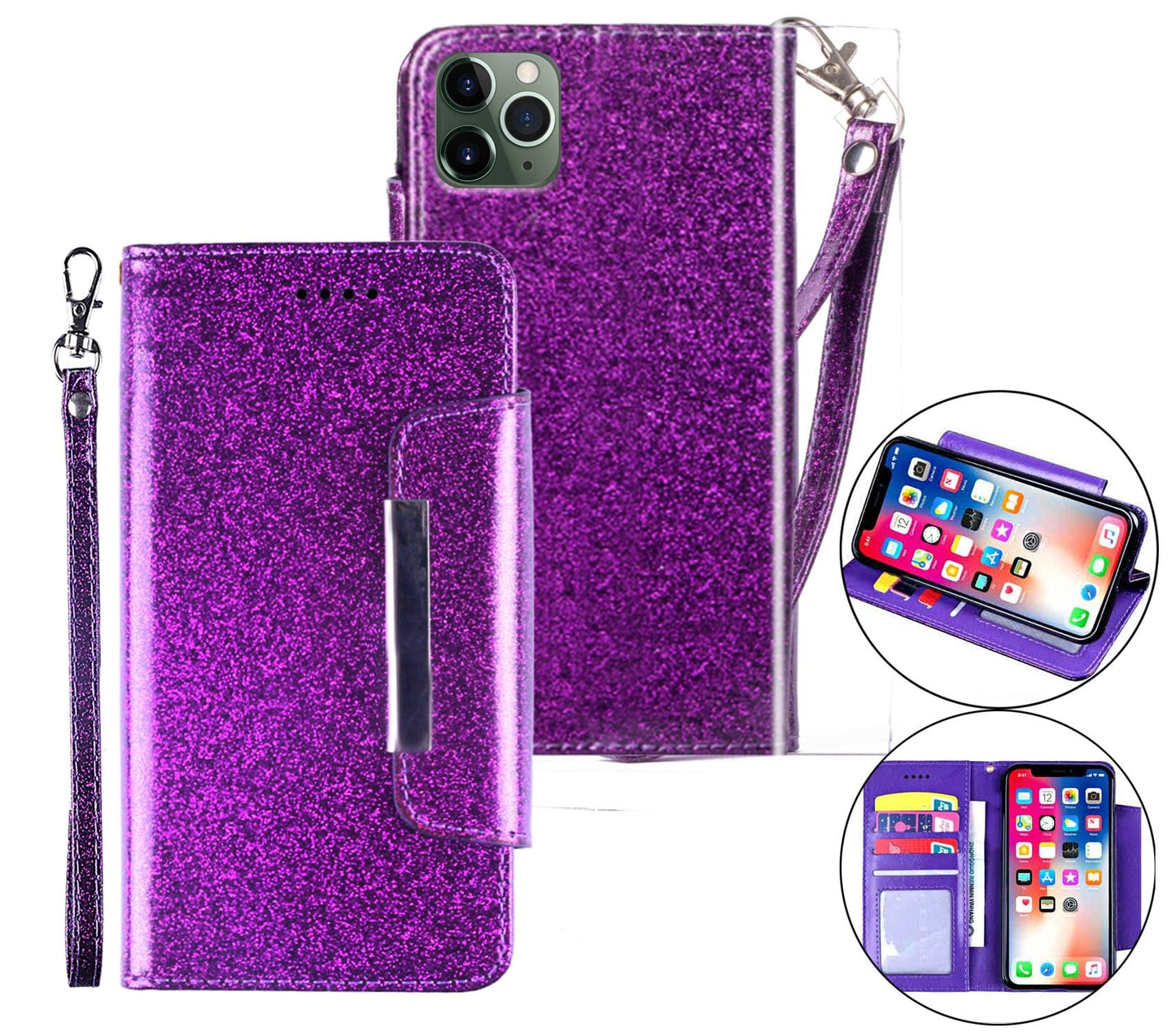 iPhone 11 Pro Max Case Wallet Cover Glitter Purple